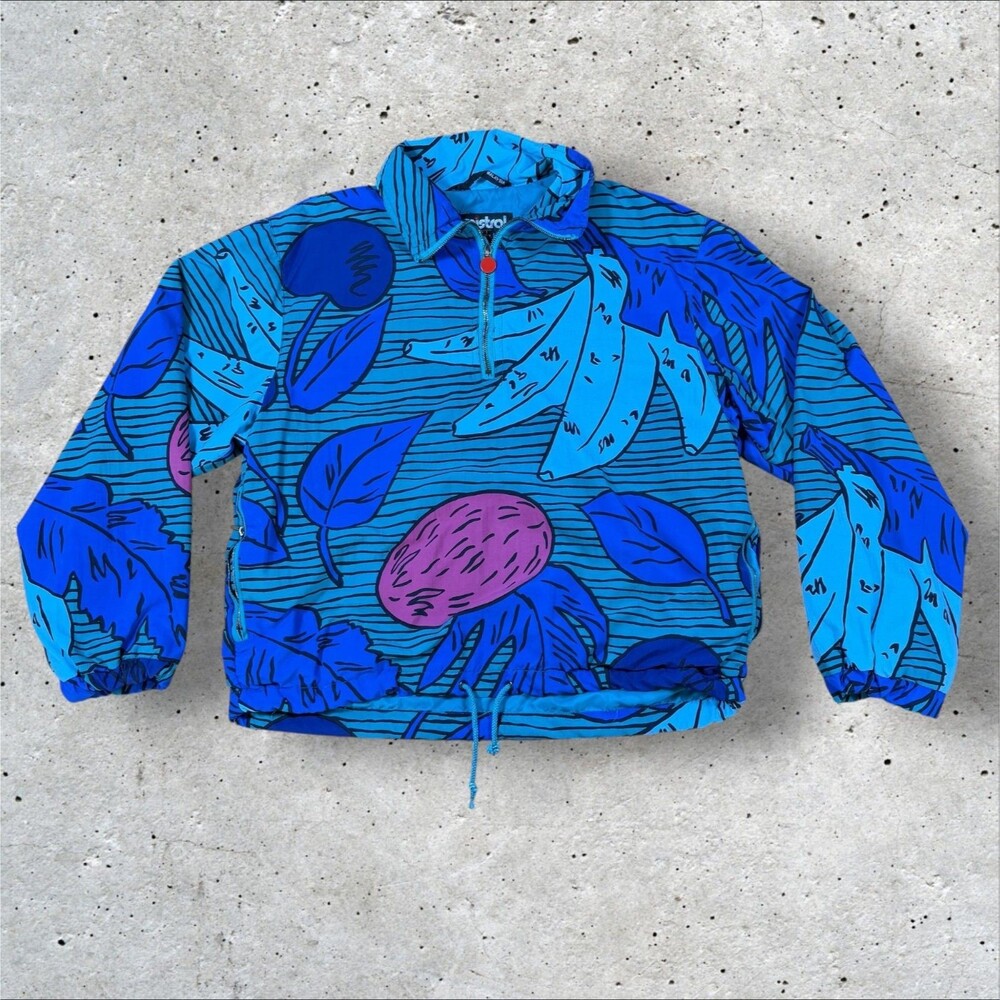 Vtg 90s Mistral All Over Print Tropical Banana Blue Windbreaker Jacket S 1/4 Zip